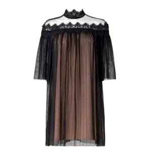 Nha Khanh Black Tulle Shift Lulu High Neckline Lace Collar Zipper Dress size 4